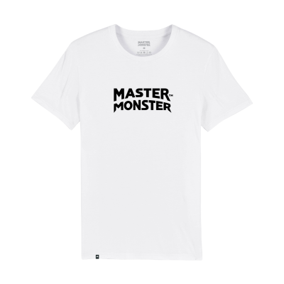 T-shirt branca com texto preto 'MASTER MONSTER'
