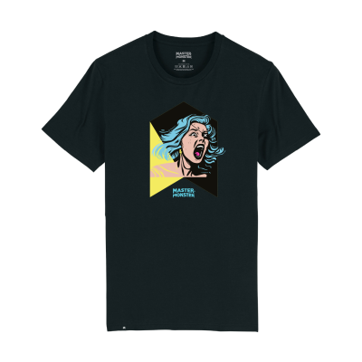T-shirt preta com estampa artística colorida e texto MASTER MONSTER.