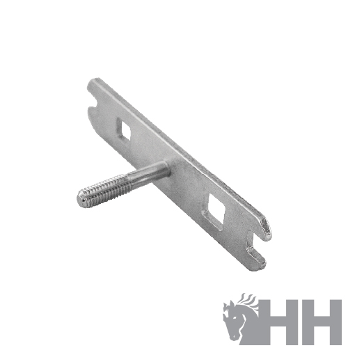 Suporte metálico prateado com parafuso em fundo branco