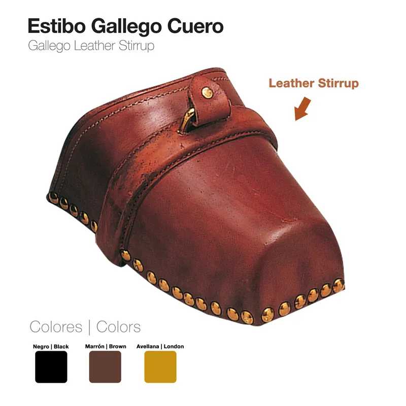 Estibo Gallego de couro castanho com tachas douradas e fivela metálica.