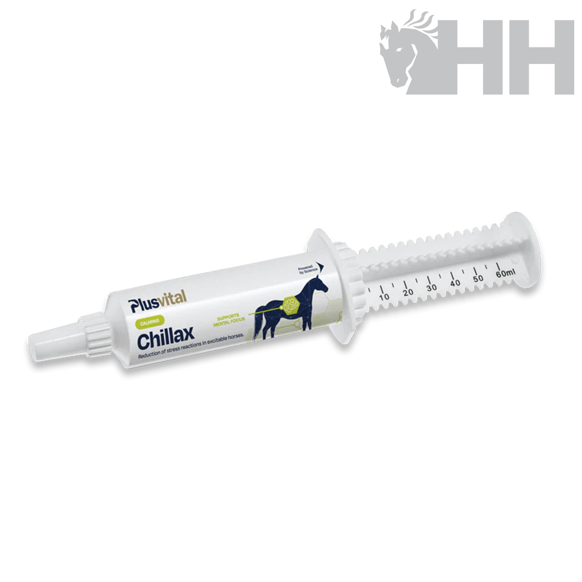 Seringa plástica para dosagem de 60ml com rótulo para cavalos Chillax.