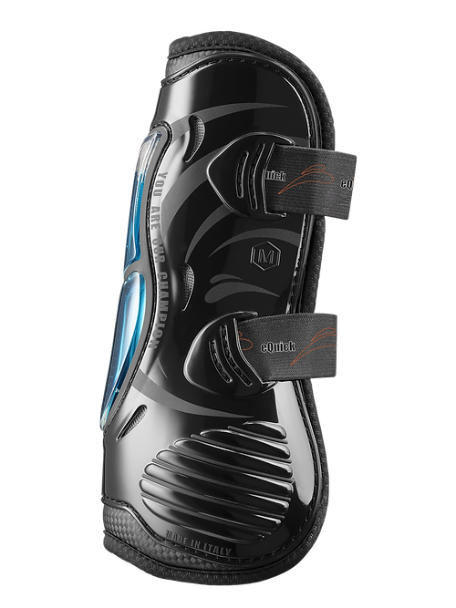 Protector desportivo preto com detalhes em azul e tiras ajustáveis eQuick