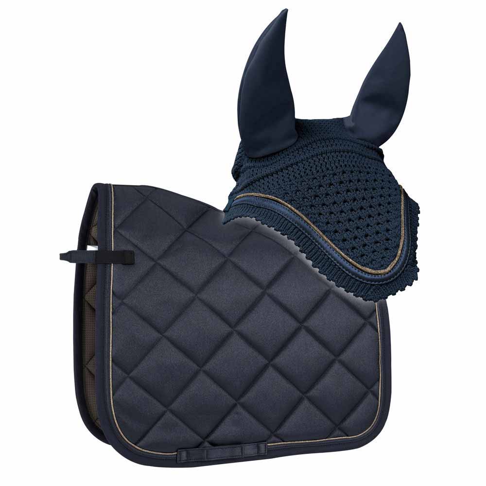 Conjunto de manta acolchoada e touca equestre azul escura