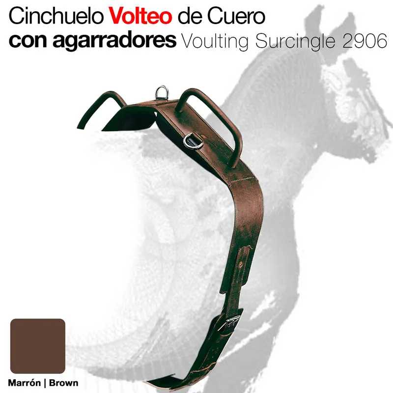 Cinchuelo volteo de couro marrom com agarradores e texto explicativo