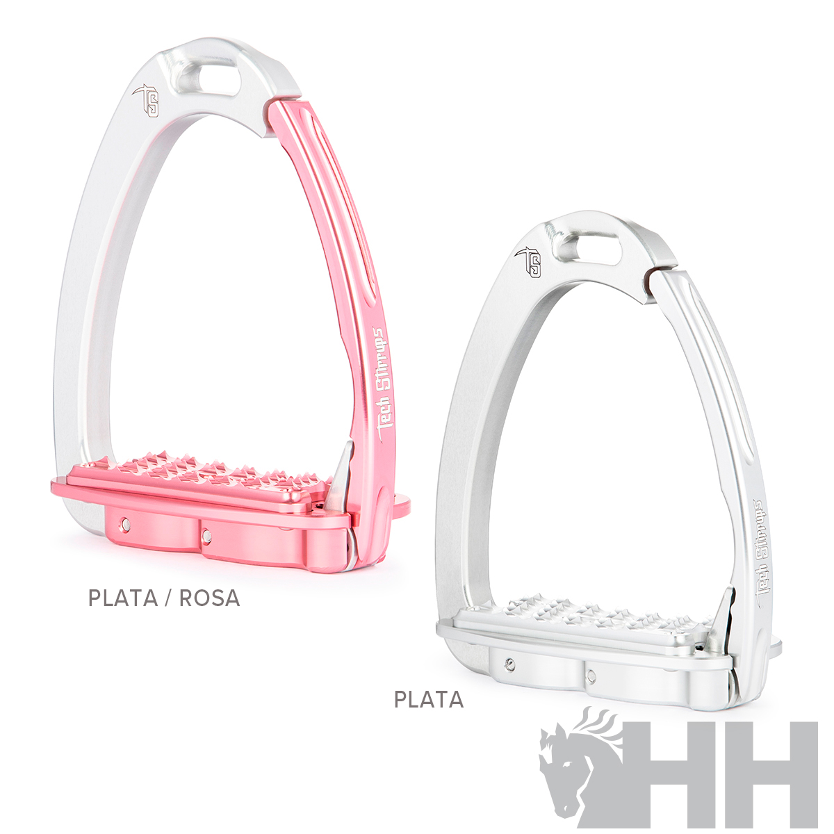 Dois estribos para equitação em metal, um prata e rosa e outro prata com texturas antiderrapantes