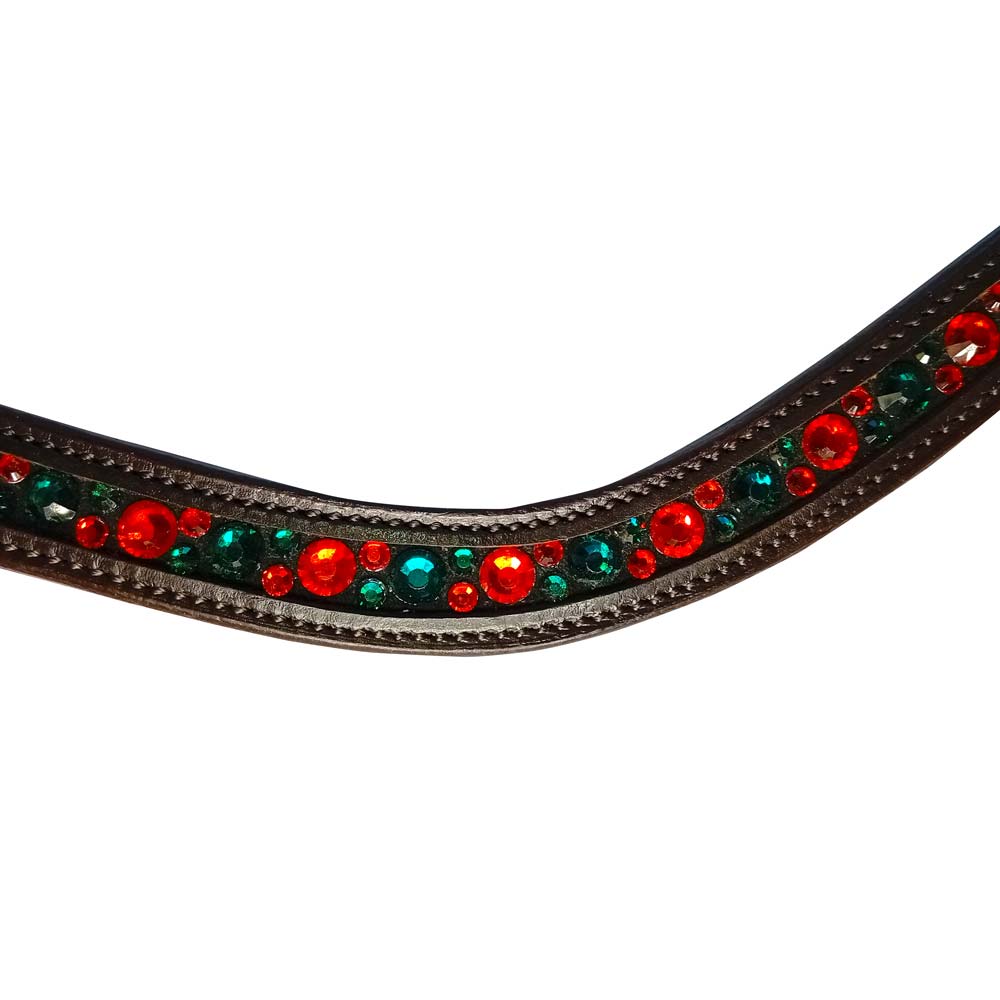 Correia de couro preto com pedras vermelhas e verdes decorativas.