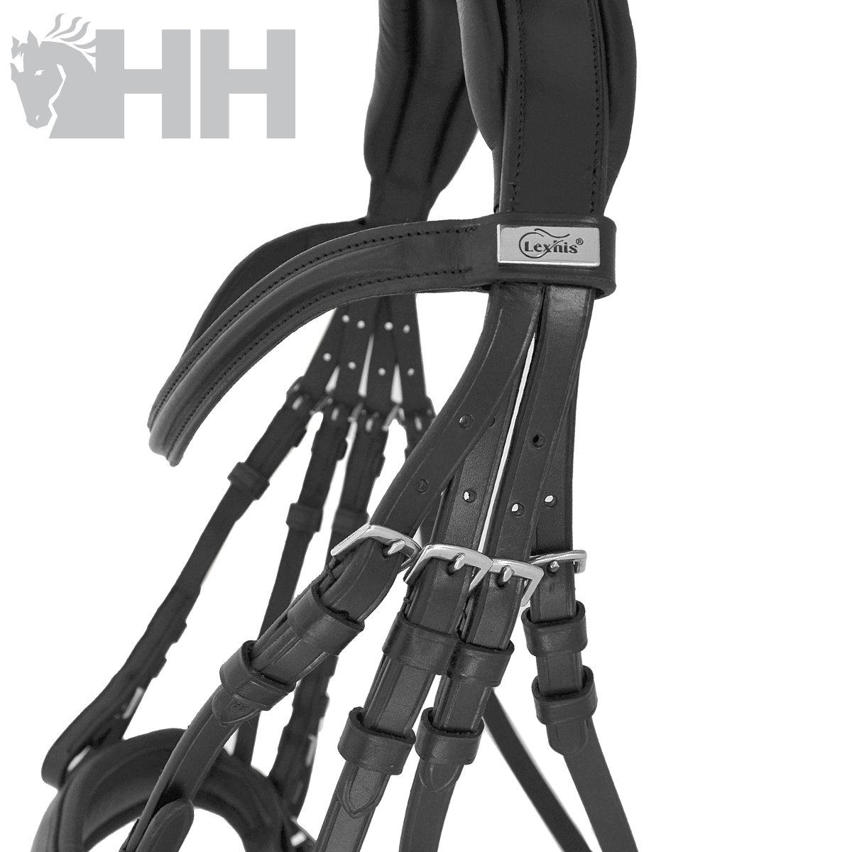 Cabresto de cavalo negro em pele com fivelas metálicas