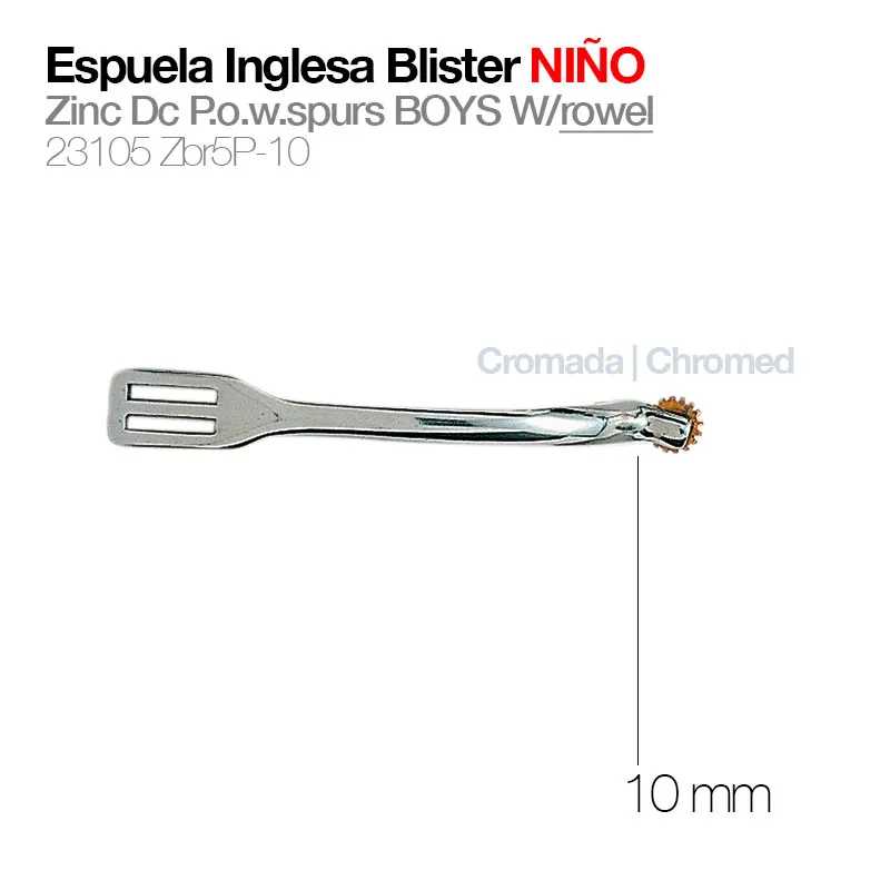 Espora inglesa cromada para crianças com roda de 10mm em fundo branco