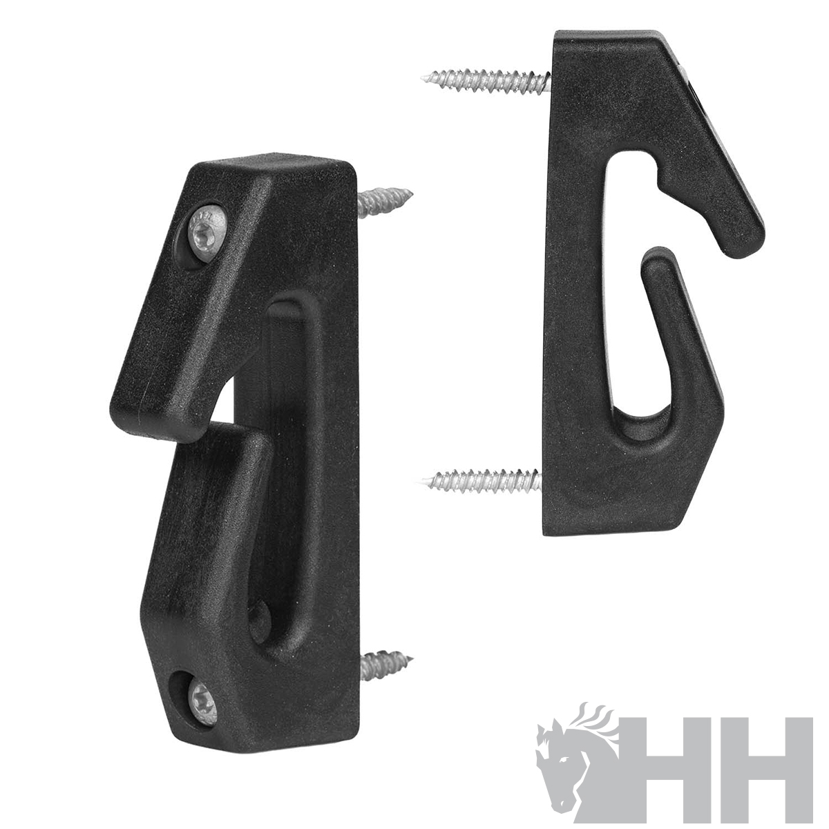 Par de ganchos negros de plástico com parafusos de fixação em fundo branco com logotipo HH