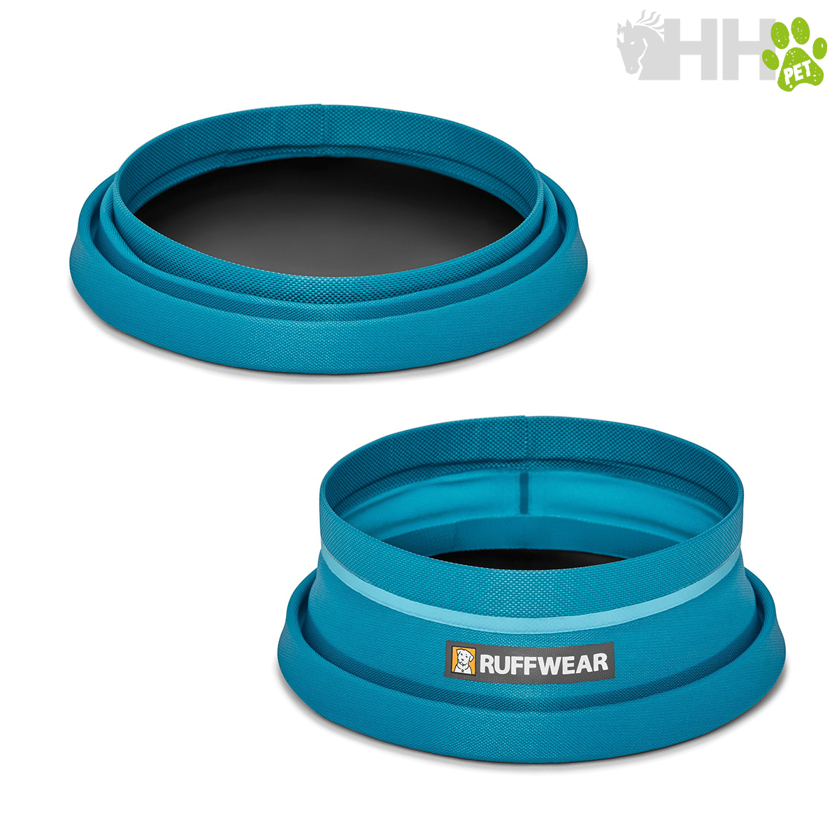 Bebedouros portáteis para cães azuis da marca Ruffwear, feitos de tecido resistente, um aberto e outro dobrado