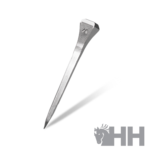 Pregos metálicos prateados com cabeça em forma de losango e símbolo gravado