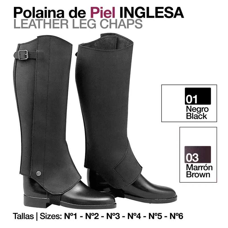 Polaina de pele inglesa preta tipo chaps sobre botas pretas