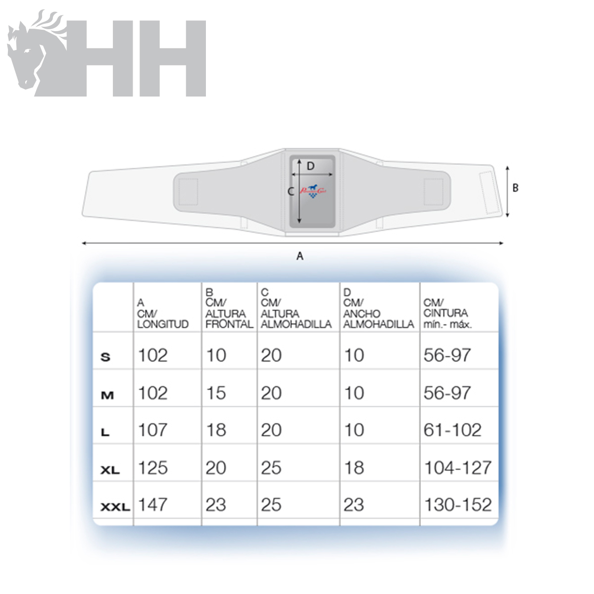 Diagrama técnico de um cinto de proteção e tabela de tamanhos com medidas em centímetros.