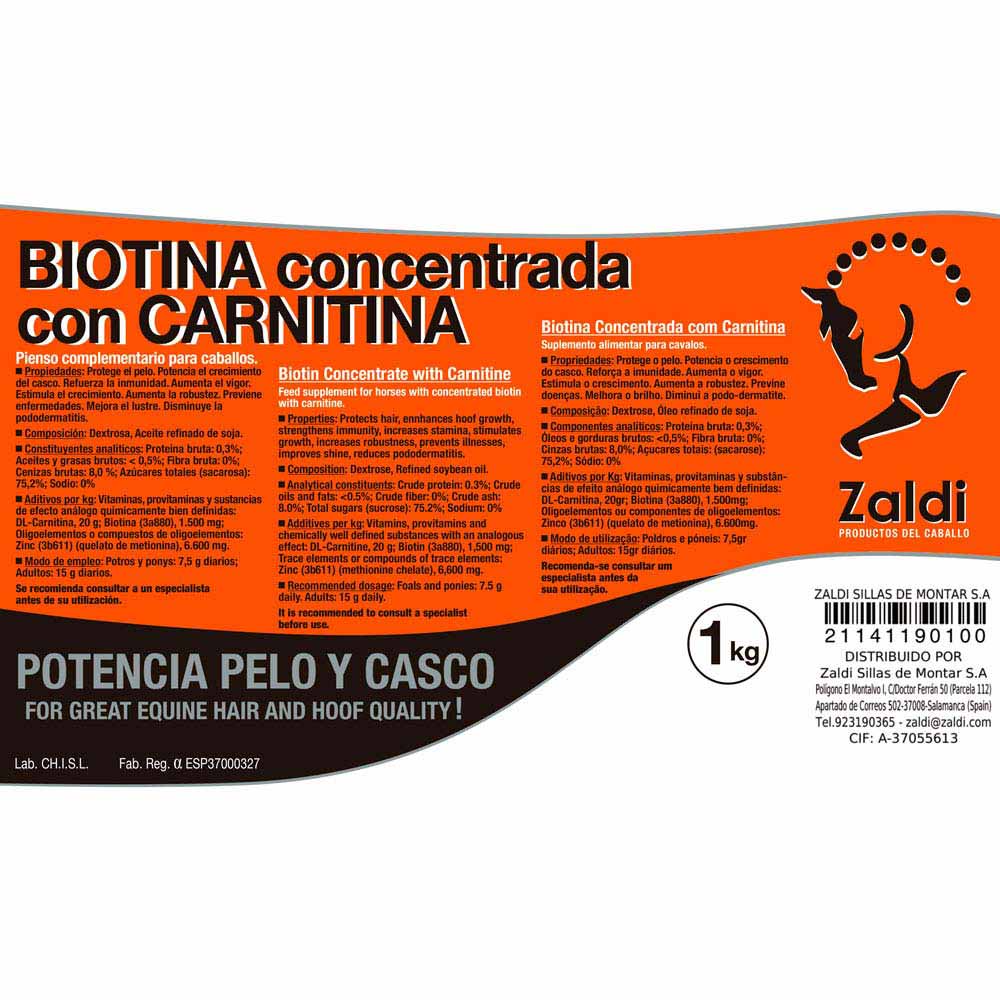 Rótulo laranja e preto de suplemento alimentar para cavalos com biotina e carnitina, logótipo Zaldi e texto em três idiomas