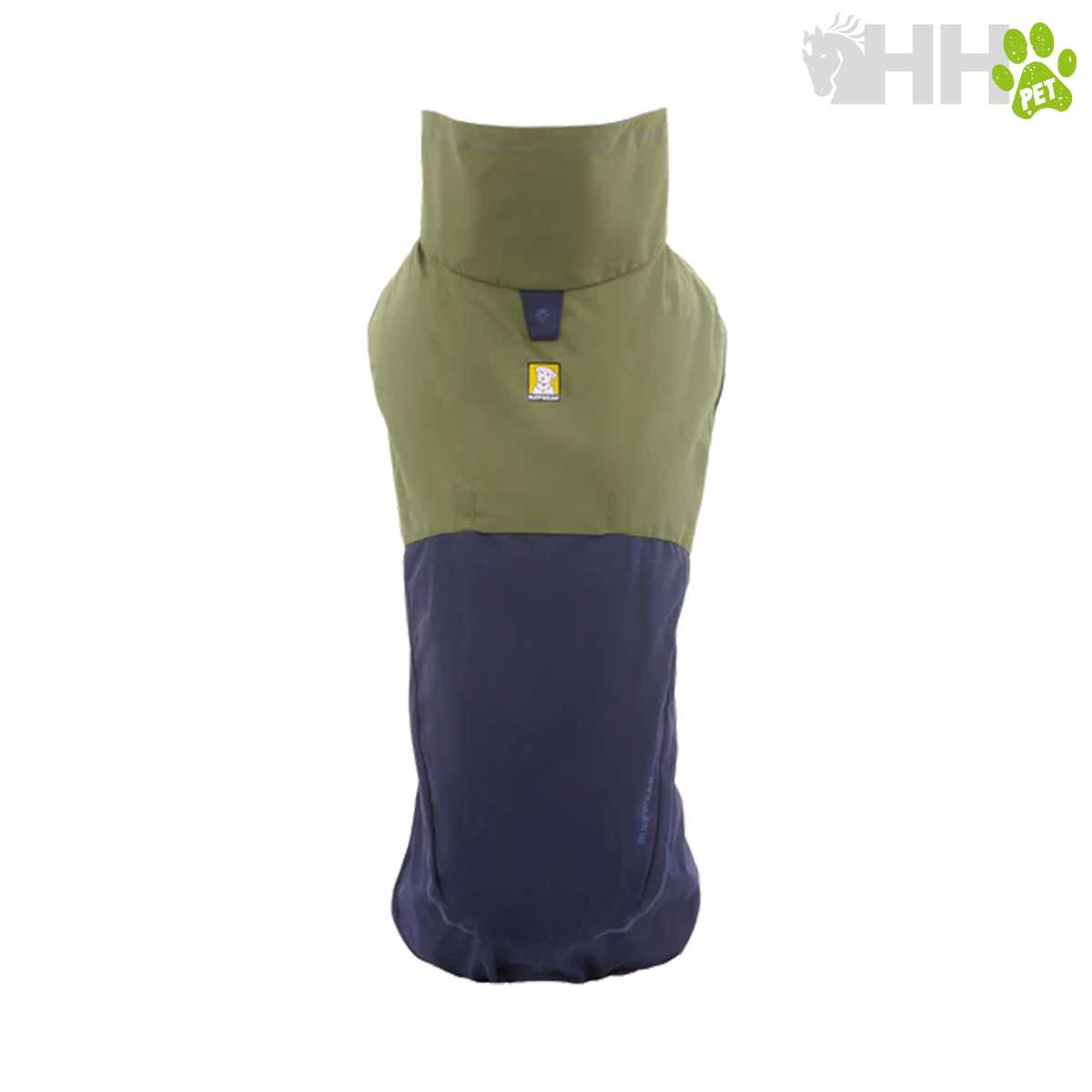 Casaco para cão verde oliva e azul escuro com gola alta e etiqueta. 