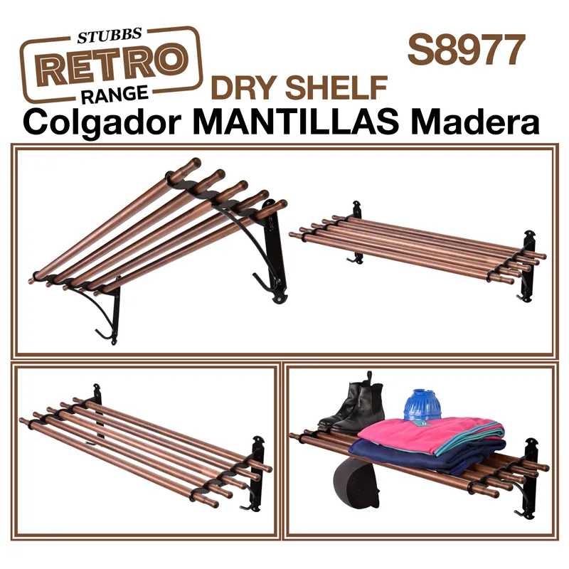 Suporte de madeira e metal para pendurar mantilhas com texto promocional