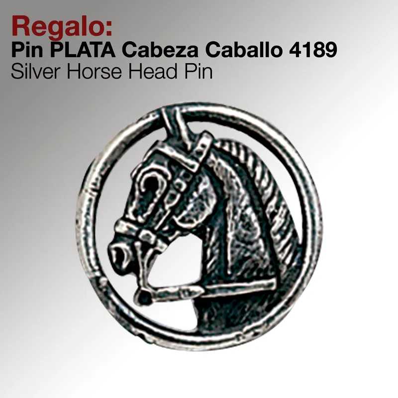 Pin prateado cabeça de cavalo em círculo com texto promocional