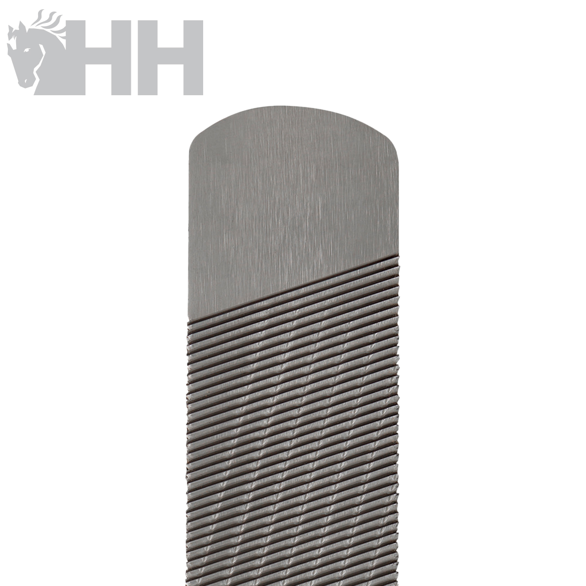 Pente metálico cinza com textura estriada e logótipo HH
