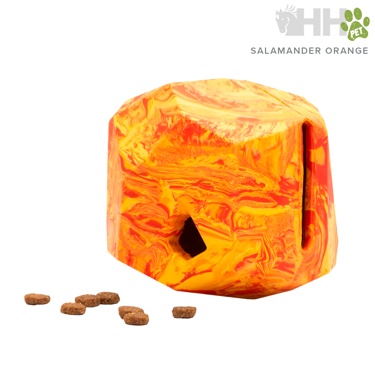 Organizador ou dispensador de ração laranja com padrão marmoreado e logo HL PETS SALAMANDER ORANGE.