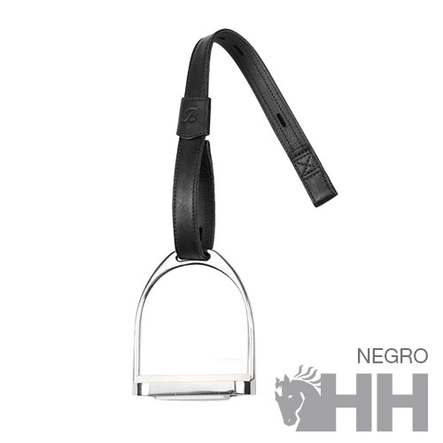 Estribo de equitação metálico com alça preta e texto NEGRO HH