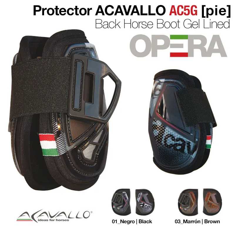 Protetoes traseiros para cavalo ACAVALLO AC5G pretos e castanhos com fecho de velcro e pormenores da bandeira italiana
