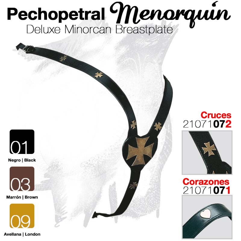 Peitoral Menorquín Deluxe preto com cruzes douradas em fundo branco