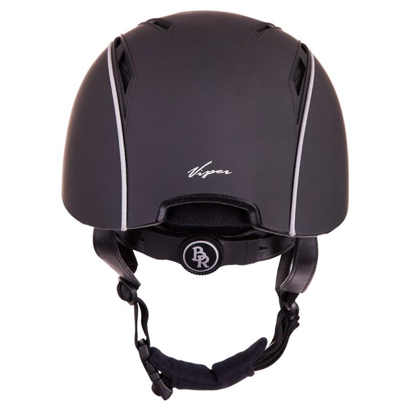 Capacete de equitação preto com detalhes brancos e inscrições Viper e BR