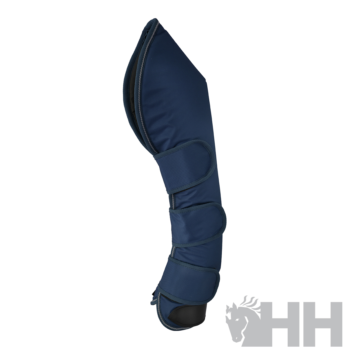 Botas de proteção azul escuro para cavalo com fechos de velcro e detalhe preto