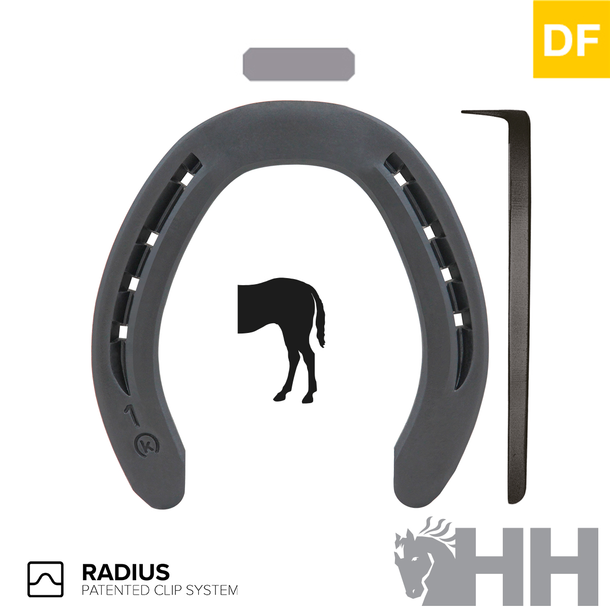 Ferradura de plástico cinzenta com ferramenta preta e ícones relacionados a cavalo