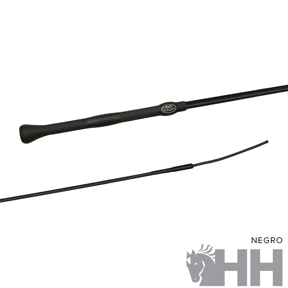Chicote preto com pega texturizada e logótipo HH no fundo branco