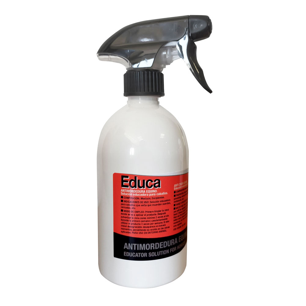 Frasco branco de spray com rótulo vermelho e preto para antimordedura equino