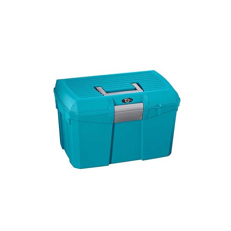 Caixa organizadora azul com tampa e pega cinza