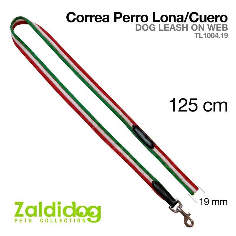 Correia para cão em lona e couro nas cores verde, branco e vermelho
