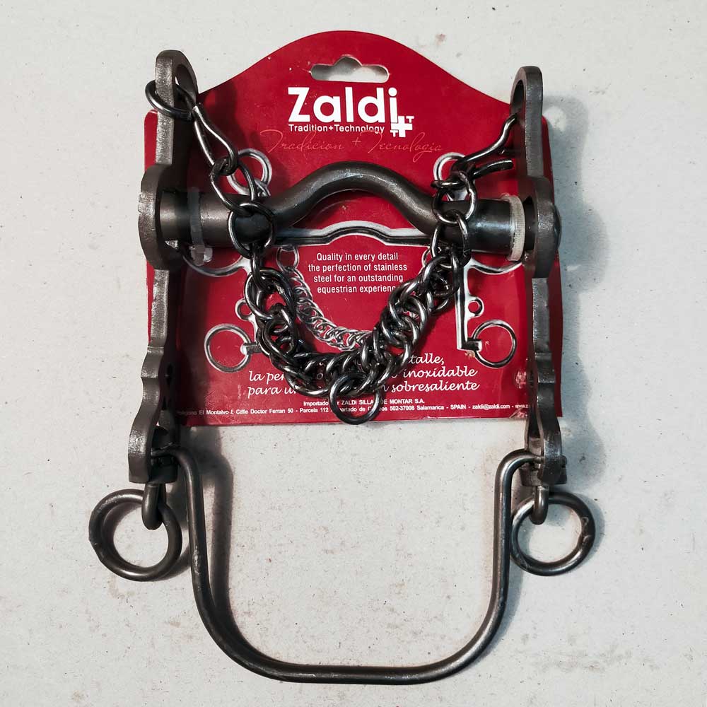 Freio equestre metálico com embalagem Zaldi em cartão vermelho