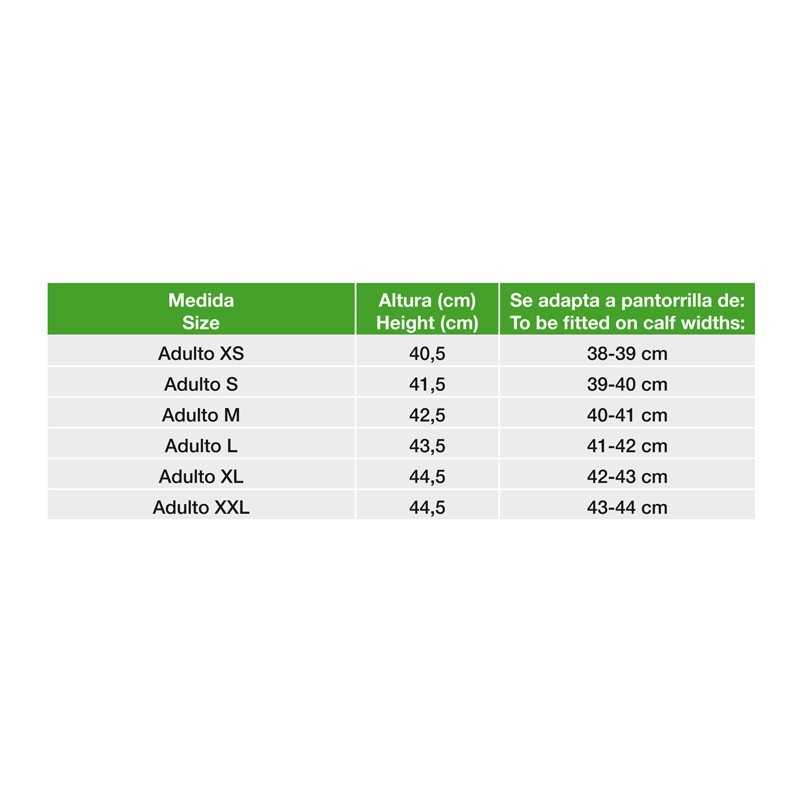 Tabela de tamanhos com altura e largura para adulto XS a adulto XXL