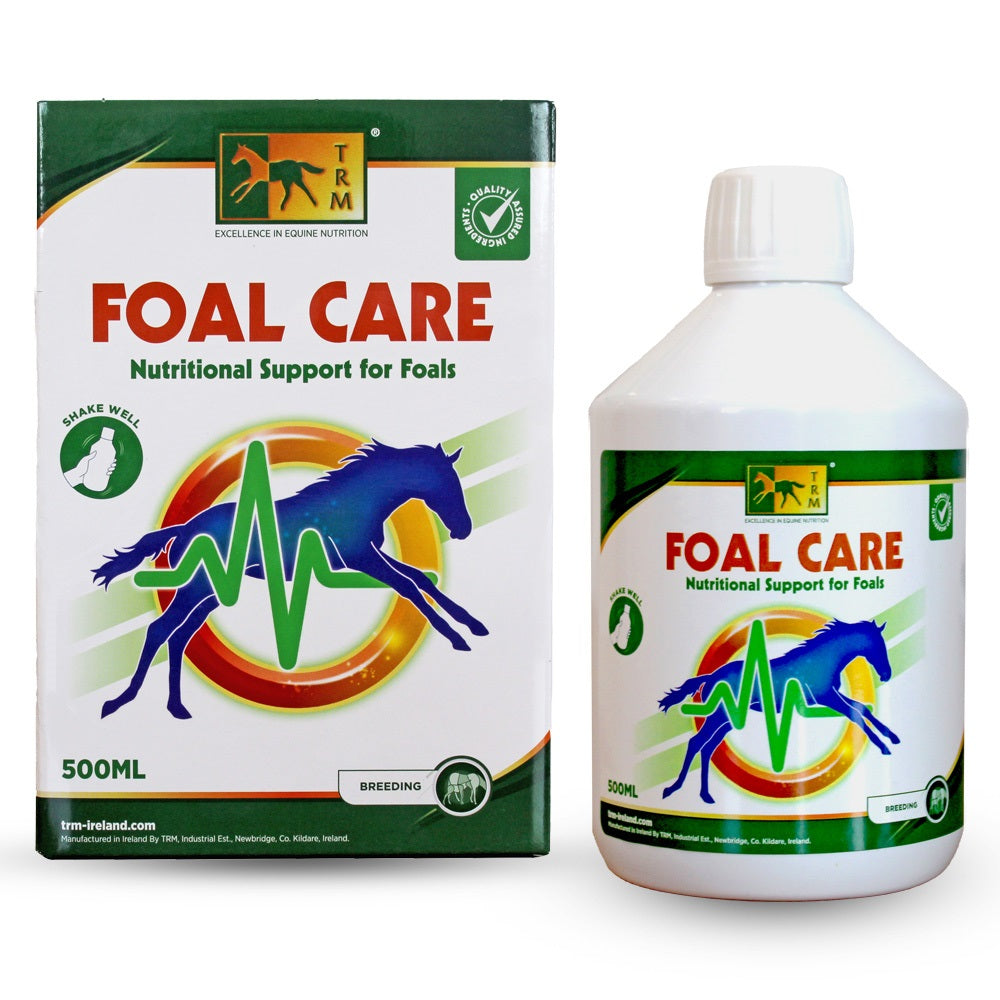 Produto FOAL CARE, suporte nutricional para potros, embalagem e caixa com cavalo e texto