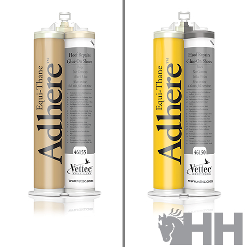 Dois cartuchos de cola dupla Equi-Thane Adhere da Vettec, castanho e amarelo com etiquetas cinza.