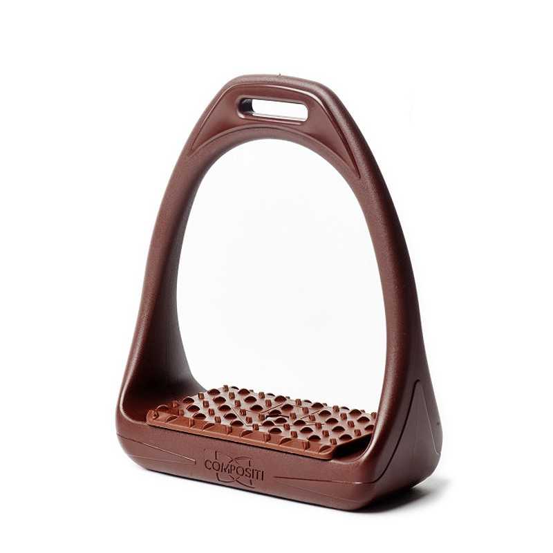 Estribo castanho com superfície texturizada e abertura retangular para agarrar