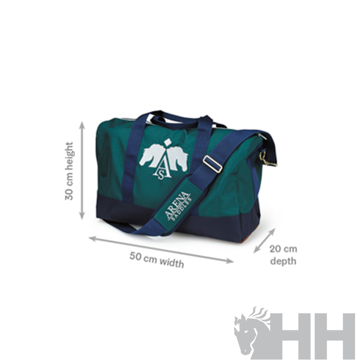 Mala de viagem azul escuro e verde com alças e impressão branca