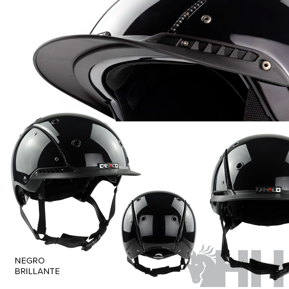 Capacete de equitação negro brilhante com viseira curta e fivela ajustável