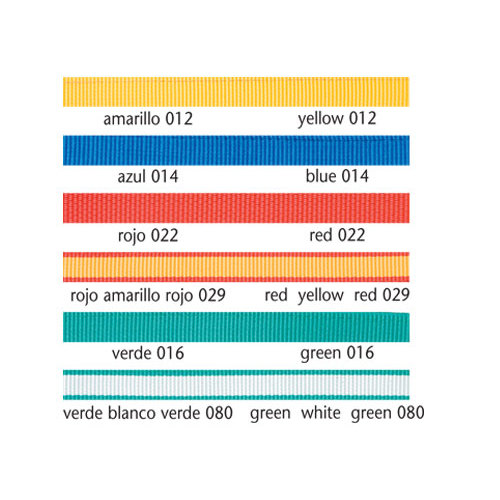 Fitas coloridas com códigos de cores e legendas em espanhol e inglês.