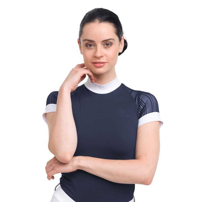 T-shirt feminina azul escuro com detalhes brancos e logótipo SADDLE UP no peito