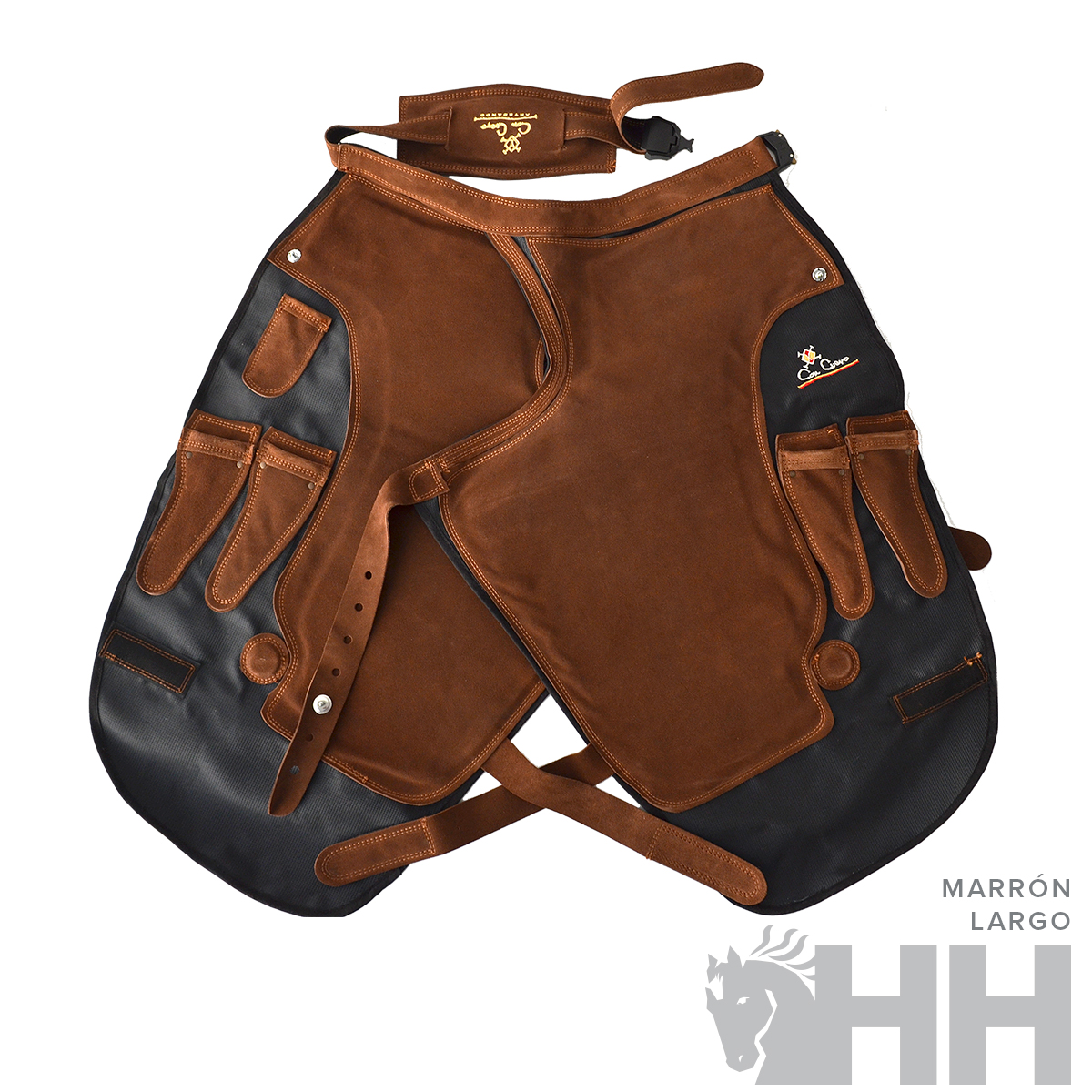 Colete de couro castanho e preto para equitação com fechos ajustáveis e detalhes em relevo