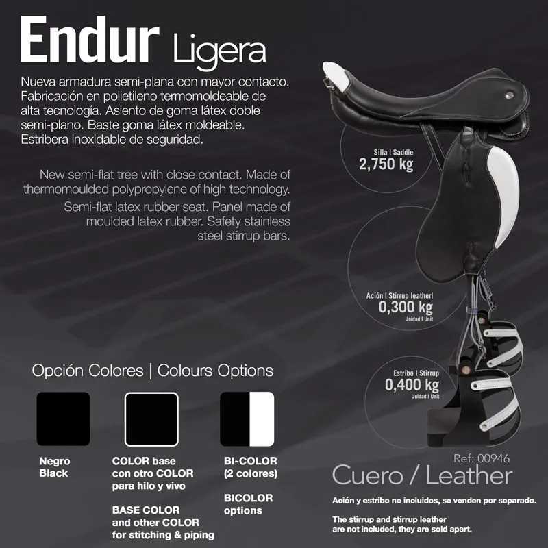 Sela de equitação preta com assento e estribo, texto descritivo ao lado