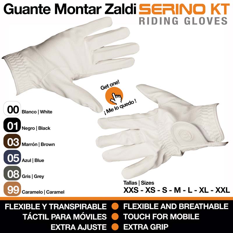 Pair of white Zaldi SERINO KT riding gloves with details about colors, sizes and features in text