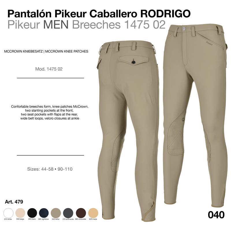 Calças de equitação masculinas bege com remendos nos joelhos e bolsos, fechamentos de velcro no tornozelo