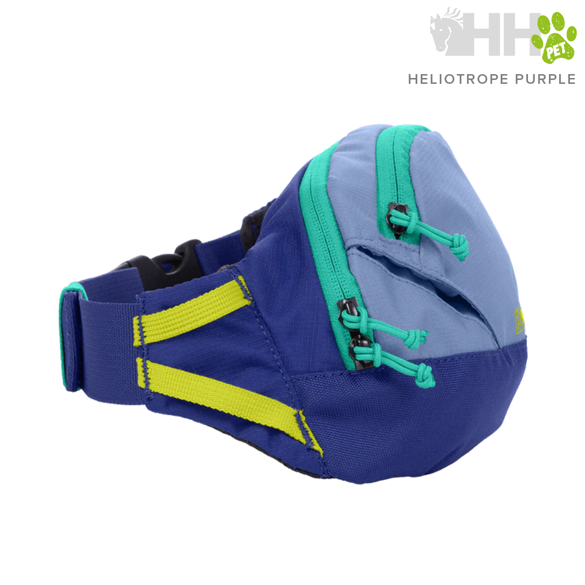 Bolsa de cintura azul com bolsos verdes e detalhes amarelos