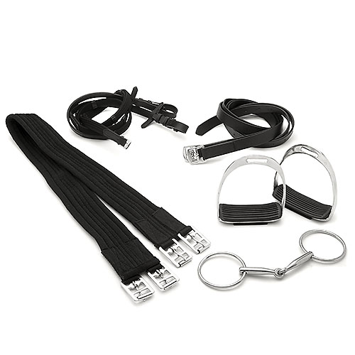 Conjunto de equipamento de equitação preto com estribos metálicos