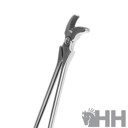 Alicate de metal prateado com pega longa e dentes na parte superior