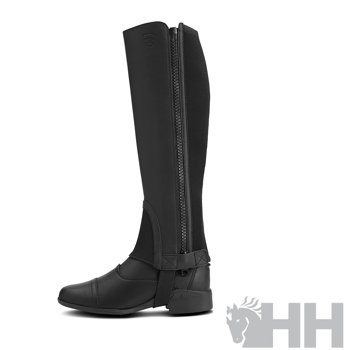 Perneira preta para equitação com fecho frontal e logo HH